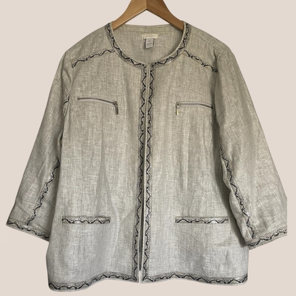 Chicos | Linen Blend Lightweight Faux Snakeskin Trim Blazer Jacket - Picture 1 of 7
